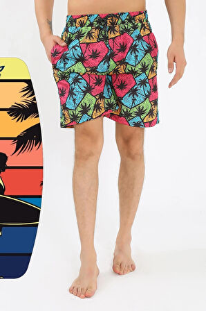 Moda Erkek Desenli Fermuar Cepli Deniz Şortu Siyah