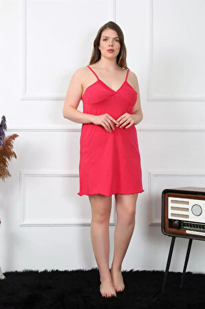 Moda Kadın Pamuklu Fuşya İp Askılı Büyük Beden Gecelik