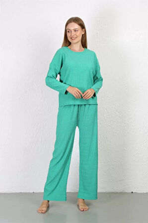 Moda Kadın Bürümcük Kumaş Pijama Takım Yeşil