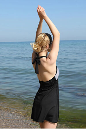 Moda Kadın Likralı Şortlu Fiyonklu Elbise Mayo Siyah