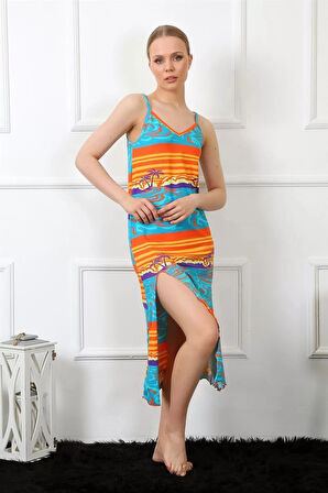 Moda Kadın İp Askılı Uzun Gecelik Mavi