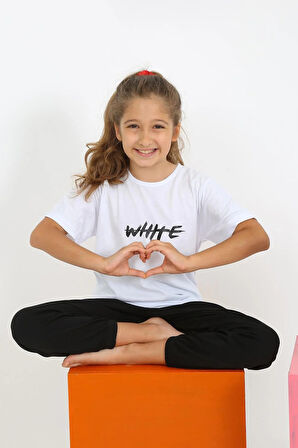 Moda Kız Çocuk Kısa Kol Beyaz Penye Pijama Takım