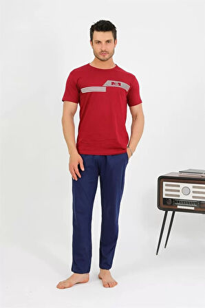 Moda Erkek Pamuk Kısa Kol Pijama Takım Bordo