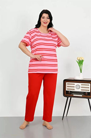 Moda Kadın Büyük Beden Kısa Kol Penye Pijama Takımı Kırmızı