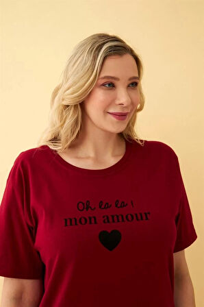 Moda Kadın Bordo Kalp Desenli Büyük Beden Kapri Pijama Takımı