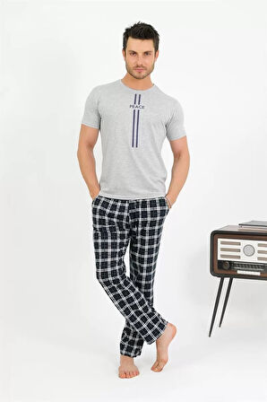 Moda Erkek Pamuk Kısa Kol Pijama Takım Gri