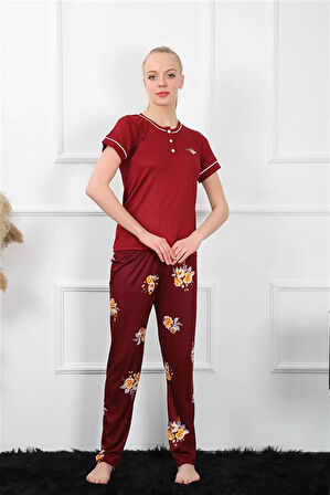 Moda Kadın Bordo Kısa Kol Pijama Takım