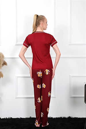 Moda Kadın Bordo Kısa Kol Pijama Takım