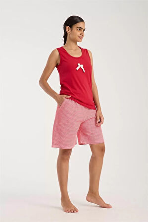 Moda Kadın Kırmızı Kurdele Detaylı Çizgili Şortlu Pijama Takımı