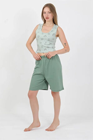 Moda Kadın Kalın Askılı Pamuk Penye Şortlu Crop Takım SuYeşili