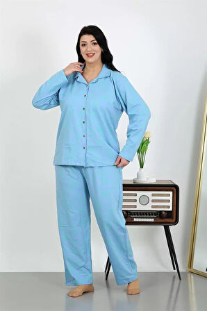 Moda Kadın Büyük Beden Pamuklu Cepli Düğmeli Mavi Pijama Takım