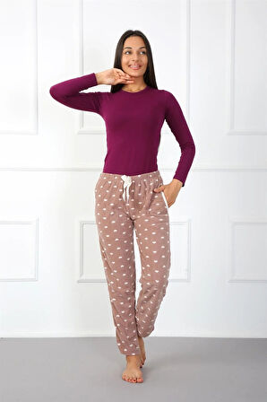 Moda Bayan Welsoft Polar Tek Alt Pijama Kahve