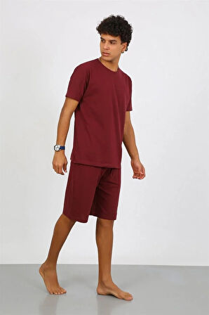 Moda Erkek Pamuk Lakost Alt Üst Kaprili Pijama Takım Bordo