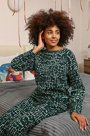 Moda Kadın Uzun Kol 3 İplik Penye Pijama Takım Yeşil