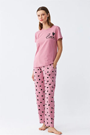 Moda Kadın Somon Kalp Desenli Kısa Kollu Penye Pijama Takımı