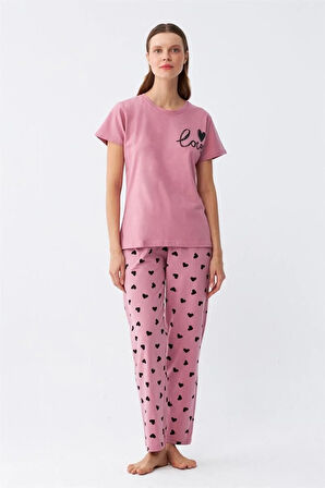 Moda Kadın Somon Kalp Desenli Kısa Kollu Penye Pijama Takımı