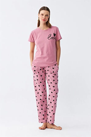 Moda Kadın Somon Kalp Desenli Kısa Kollu Penye Pijama Takımı