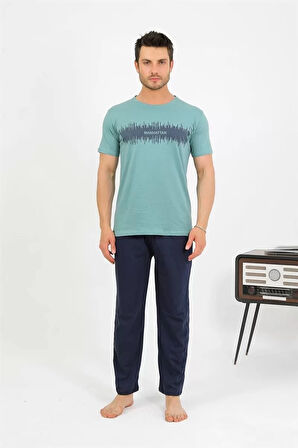 Moda Erkek Pamuk Kısa Kol Pijama Takım SuYeşili