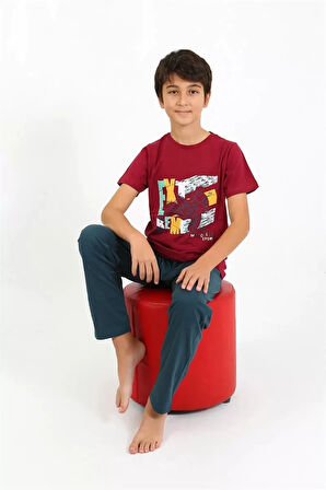 Moda Erkek Çocuk Kısa Kol Penye Pijama Takım Bordo