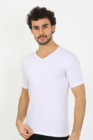 Moda Erkek Likralı V Yaka Beyaz T-Shirt