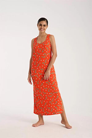 Moda Kadın Kalın Askılı Yırtmaçlı Uzun Turuncu Gecelik