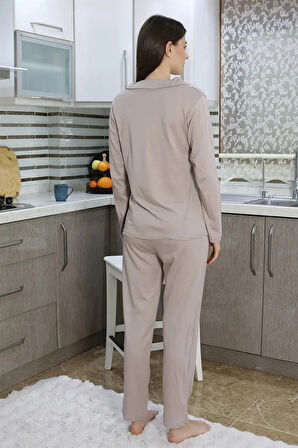 Moda Kadın Pamuk Penye Önden Düğmeli Uzun Kol Pijama Takım Vizon