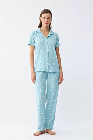 Moda Kadın Buz Mavisi Yıldız Desenli Önden Düğmeli Pijama Takımı