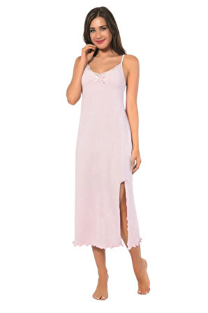 Moda Bayan İp Askılı Uzun Gecelik Pembe