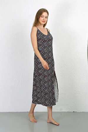 Moda İp Askılı Uzun Yırtmaçlı Penye Gecelik Lacivert