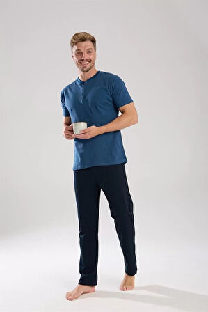 Moda Erkek İndigo Düğmeli Yaka Kısa Kol Pijama Takımı