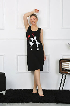 Moda Kadın Kalın Askılı Penye Uzun Siyah Gecelik