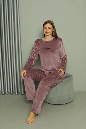 Moda Büyük Beden Kadın Kadife Mor Pijama Takım