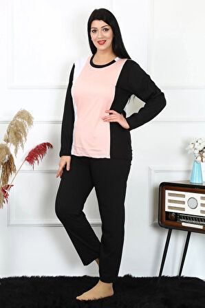Moda Kadın Büyük Beden Penye Uzun Kol Pijama Takım