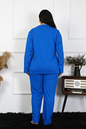 Moda Kadın Büyük Beden Pamuklu Cepli Düğmeli Saks Pijama Takım