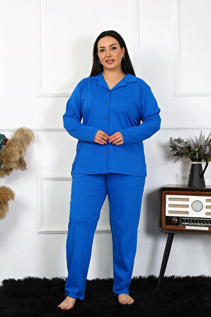 Moda Kadın Büyük Beden Pamuklu Cepli Düğmeli Saks Pijama Takım