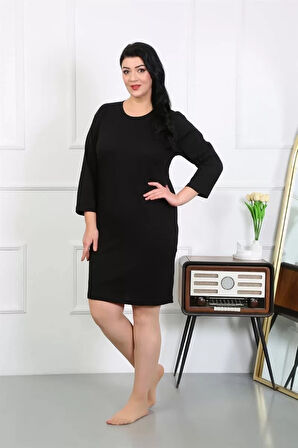 Moda Kadın Büyük Beden Penye Gecelik Ev Elbisesi Siyah