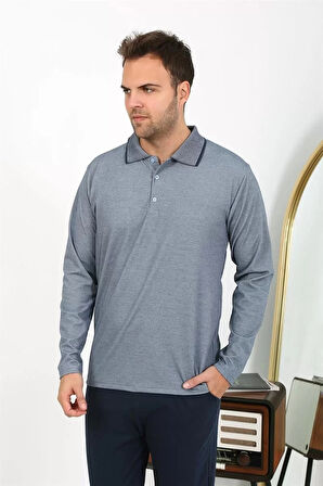 Moda Erkek Polo Yaka Uzun Kol Penye Pijama Takımı Gri