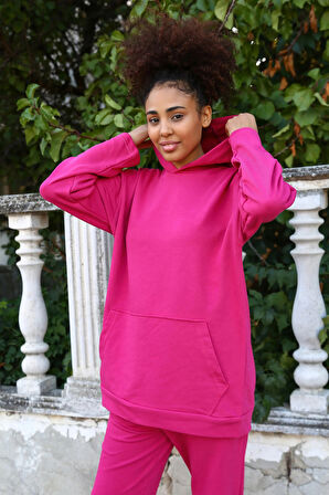 Moda Kadın Pamuk Kapşonlu Cepli 3 İplik Fuşya Eşofman Takım