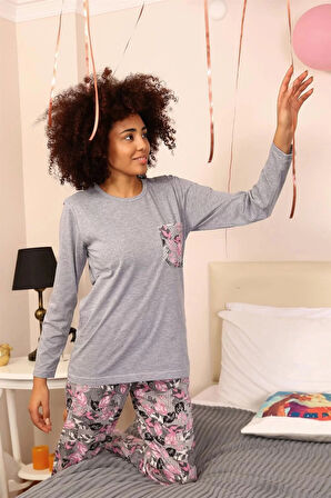 Moda Kadın Uzun Kol Penye Pijama Takım Gri