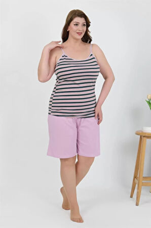 Moda Kadın Büyük Beden İp Askılı Penye Şortlu Takım Lila