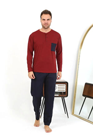 Moda Erkek Uzun Kol Penye Bordo Pijama Takımı