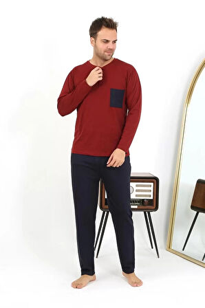 Moda Erkek Uzun Kol Penye Bordo Pijama Takımı