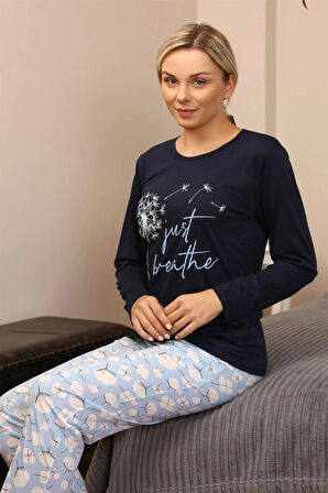 Moda Kadın Penye Uzun Kol Pijama Takım Laciver