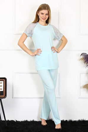 Moda Kadın Kolu Dantelli Penye Pijama Takım Su Yeşili