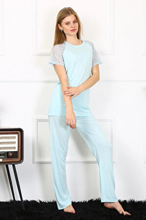 Moda Kadın Kolu Dantelli Penye Pijama Takım Su Yeşili