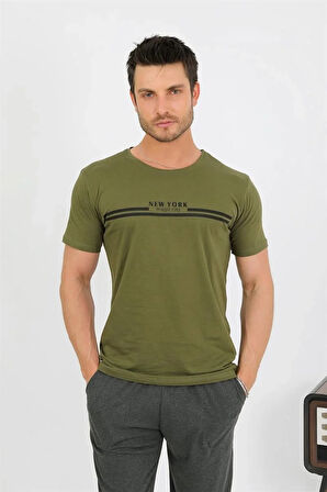 Moda Erkek Pamuk Kısa Kol Pijama Takım Haki