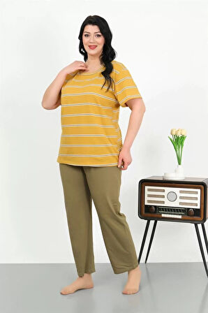 Moda Kadın Büyük Beden Kısa Kol Penye Pijama Takımı Sarı