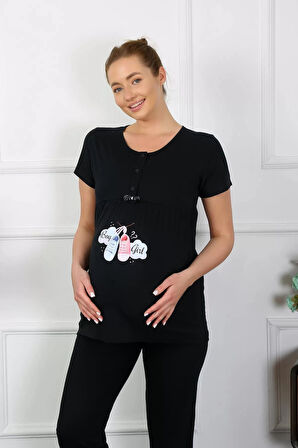 Moda Kadın Kısa Kol Hamile Lohusa Pijama Takımı Siyah