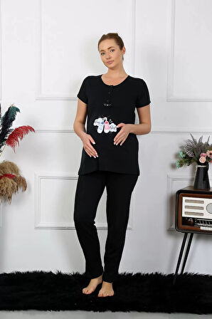 Moda Kadın Kısa Kol Hamile Lohusa Pijama Takımı Siyah