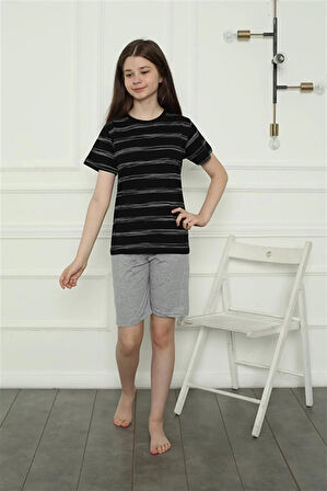 Moda Kız Çocuk Penye Şortlu Pijama Takım Siyah